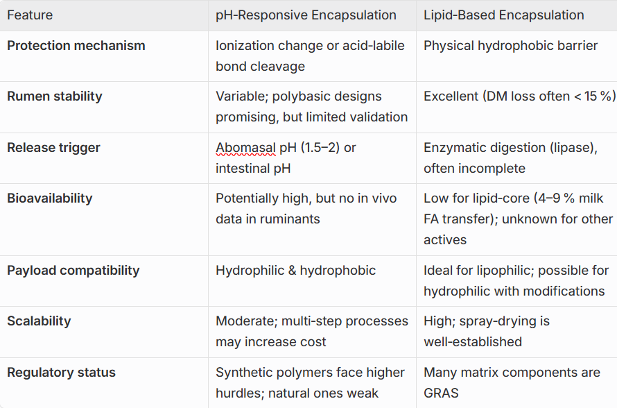 Comparative analysis of pH-responsive vs lipid-based microencapsulation